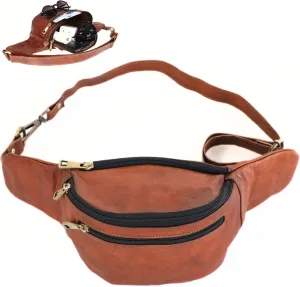 10-Inch Brown Leather Fanny Pack for Men & Women – Genuine Leather Waist Bag with Large Capacity – Bum Bag, Belt Bag, Crossbody Chest Bag with Metal Accessories