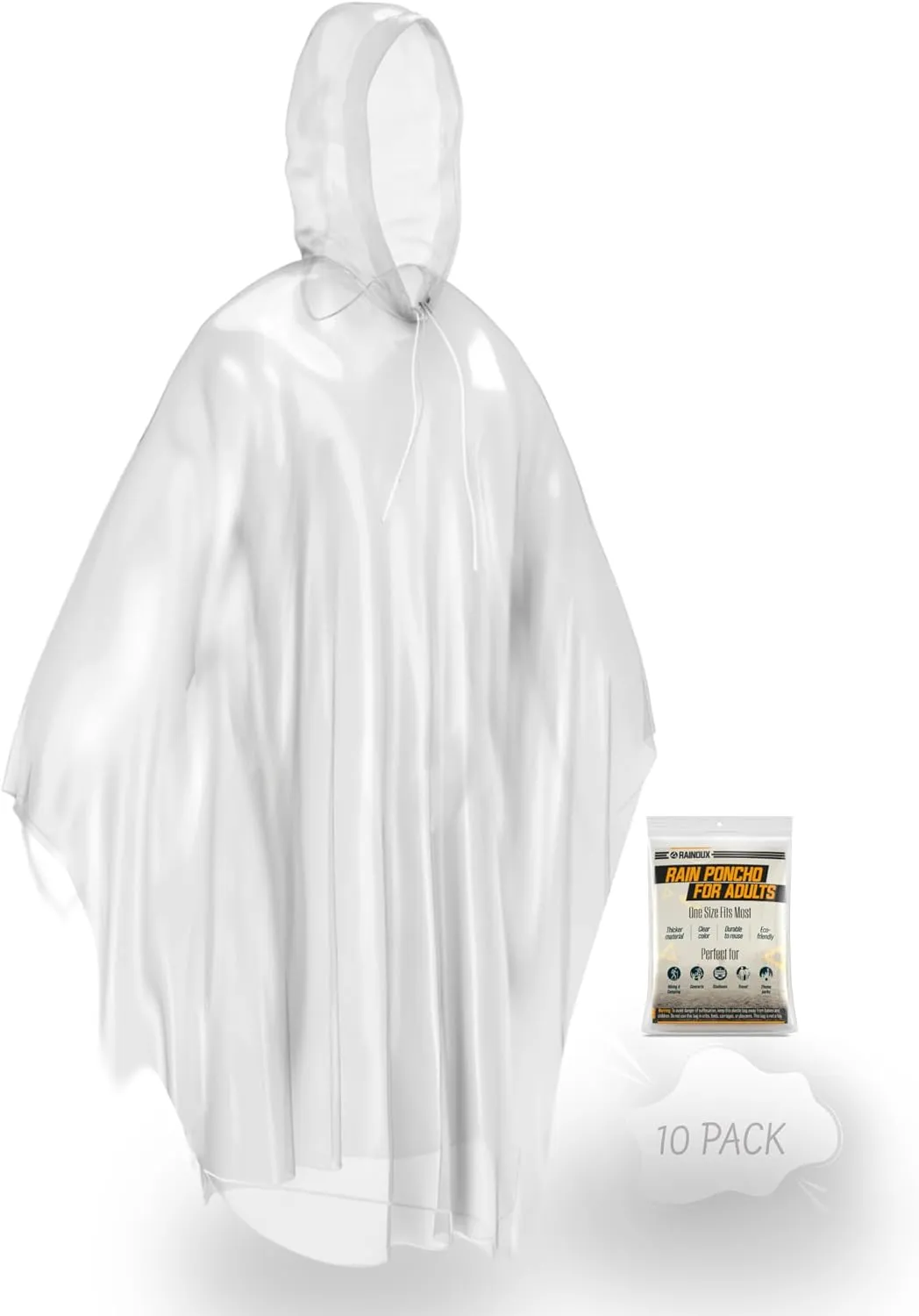 10 Individually Packed Clear Disposable Rain Ponchos for Adults with Drawstring Hood - Compact Travel Friendly Design - Odour Free Thick and Durable Plastic Ponchos