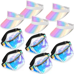 10 Pack Sun Visor Hats Women Colored Beach Golf Cap and Holographic Zipper Fanny Packs PVC Clear Waist Bag for Outdoor Sports Festivals Party Concerts