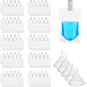 100 Pcs Plastic Flasks, 3.5 Oz/100 ml Clear Drink Pouches Reusable Juice Bags, Leak-Proof Squeeze Pouches Bulk with Funnel for Travel, Outdoor Sports, Concerts, Events