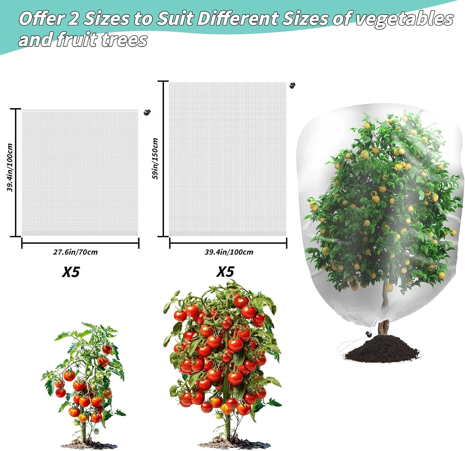 10Pcs Garden Netting Bags with Drawstring Plant Mesh Cover, 2 Size Netting Cover Garden Plant Barrier Netting Protection Bags for Tomato Vegetables Flower Tree Fruit, 2.30 x 3.3ft 3.3X 4.92ft