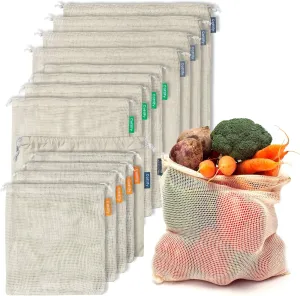 12 1 Reusable Produce Bags Grocery Washable, Organic Cotton Mesh Produce Bags, Double-Stitched & Tare Weigh, Mesh bags for vegetables, Cotton Produce Bags Reusable Washable, Produce bag 4xS, 4xM, 4xL