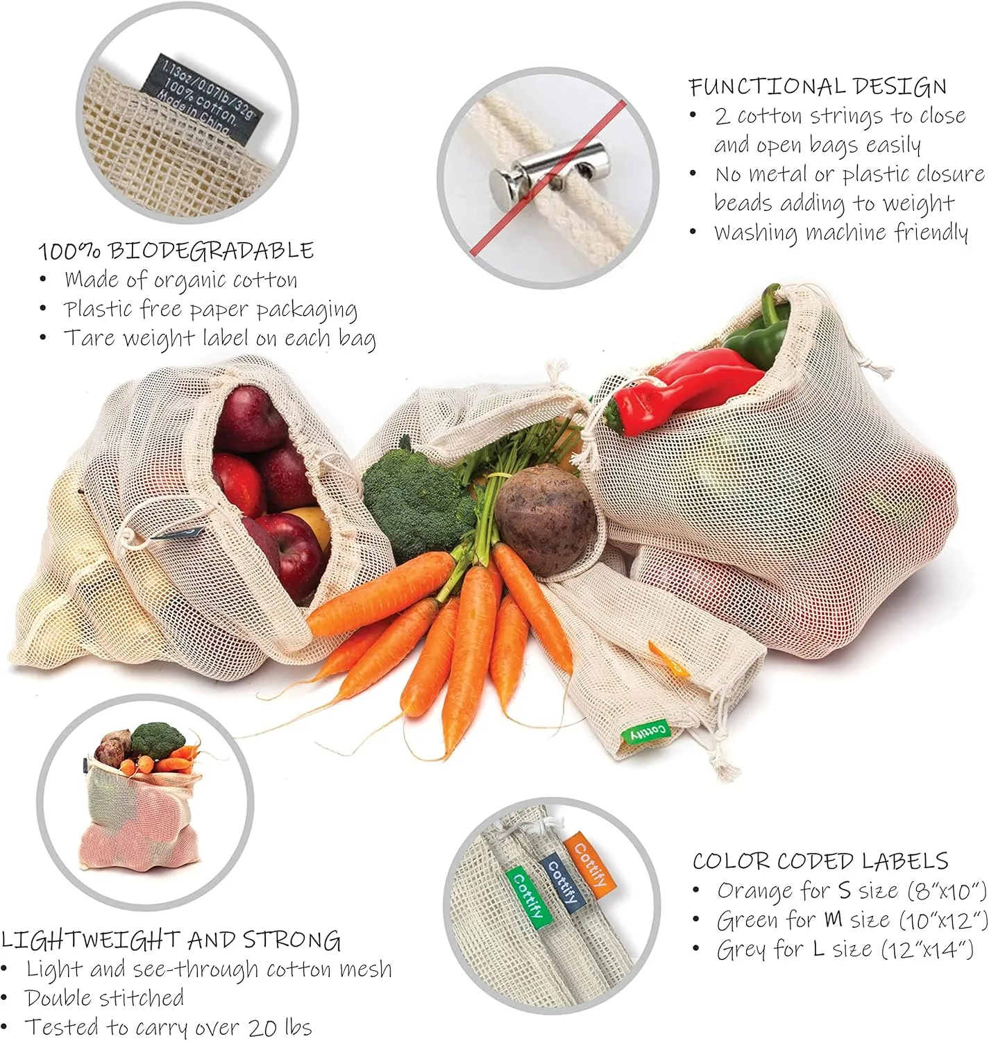 12 1 Reusable Produce Bags Grocery Washable, Organic Cotton Mesh Produce Bags, Double-Stitched & Tare Weigh, Mesh bags for vegetables, Cotton Produce Bags Reusable Washable, Produce bag 4xS, 4xM, 4xL