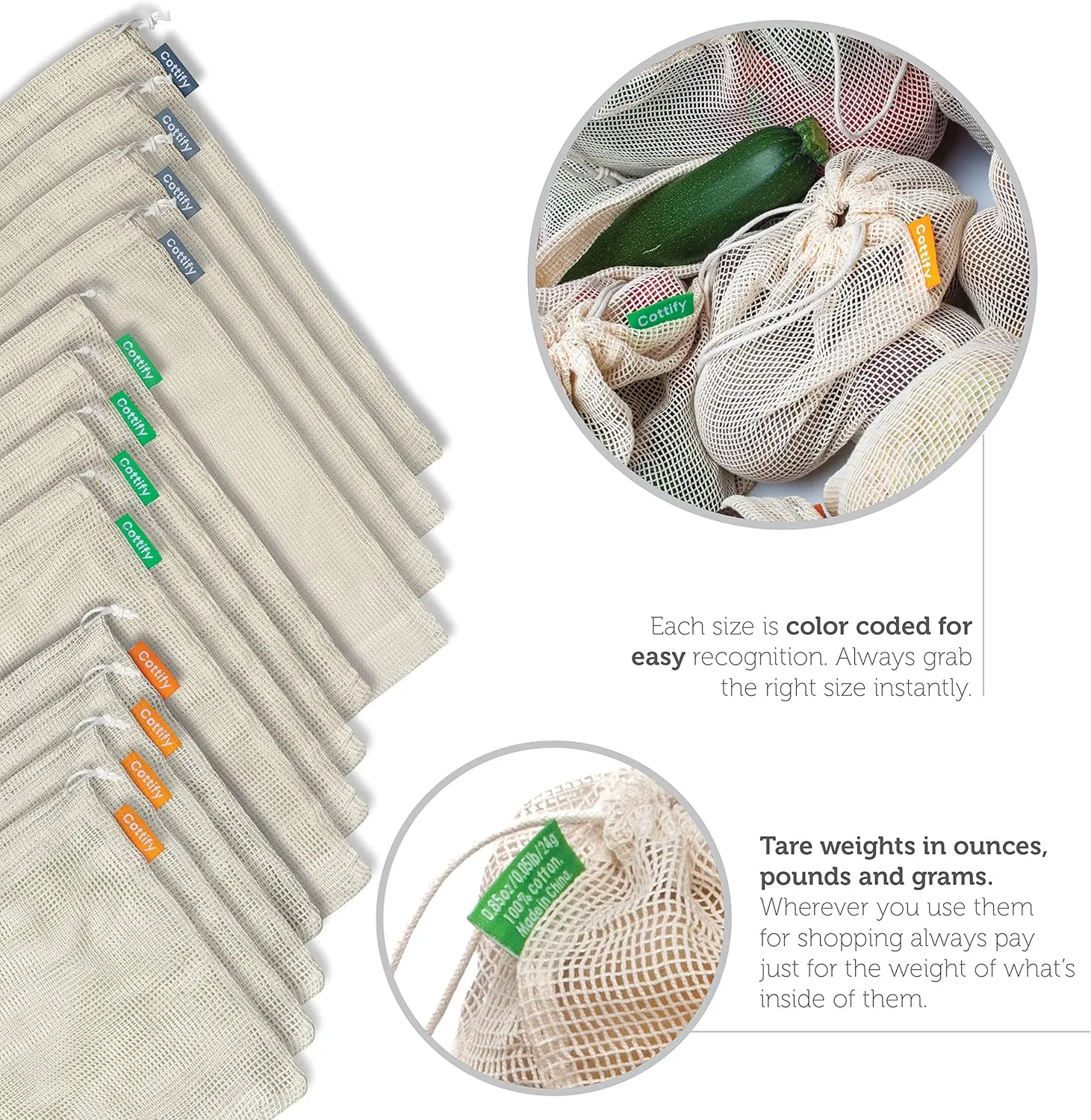 12 1 Reusable Produce Bags Grocery Washable, Organic Cotton Mesh Produce Bags, Double-Stitched & Tare Weigh, Mesh bags for vegetables, Cotton Produce Bags Reusable Washable, Produce bag 4xS, 4xM, 4xL