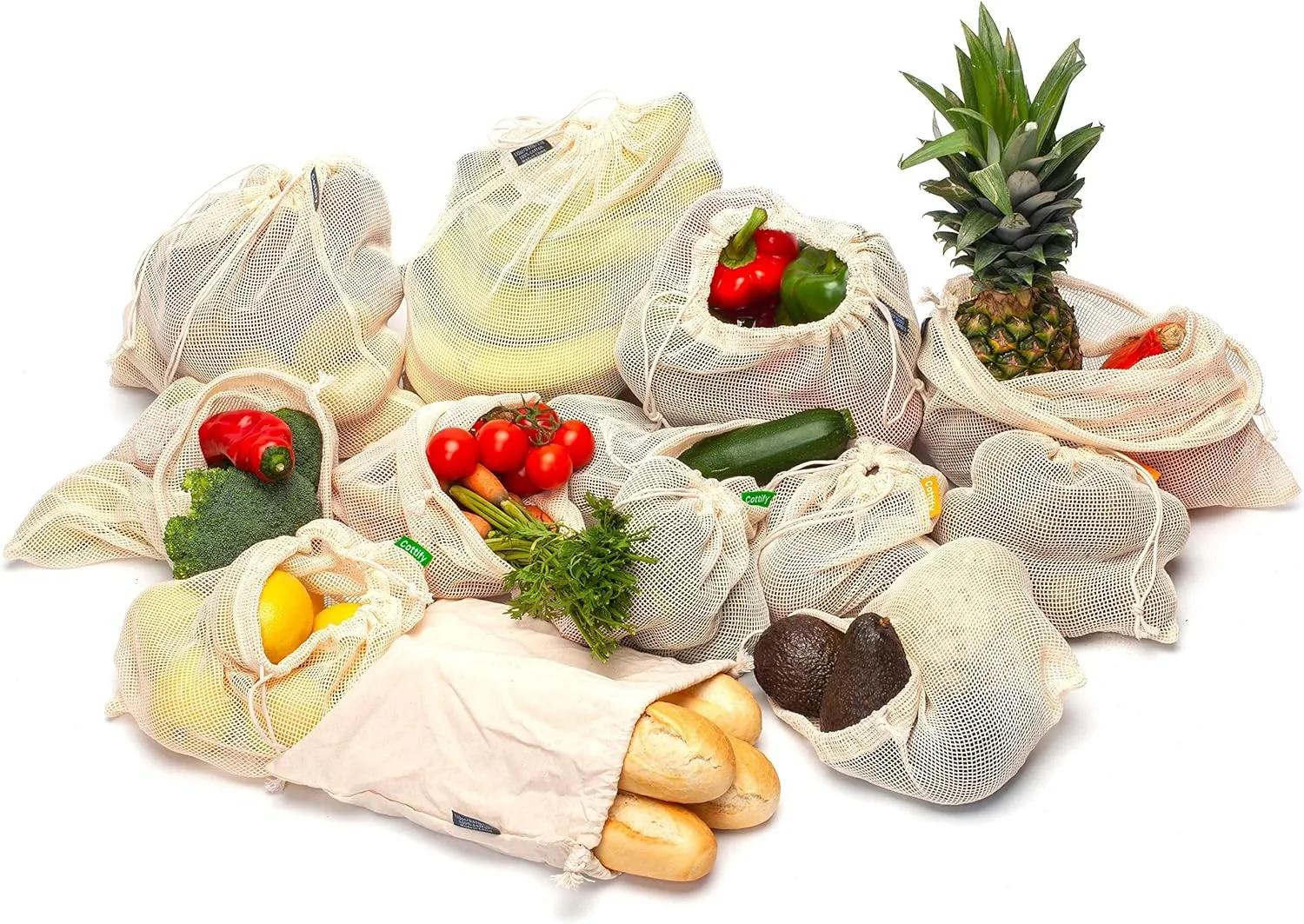 12 1 Reusable Produce Bags Grocery Washable, Organic Cotton Mesh Produce Bags, Double-Stitched & Tare Weigh, Mesh bags for vegetables, Cotton Produce Bags Reusable Washable, Produce bag 4xS, 4xM, 4xL