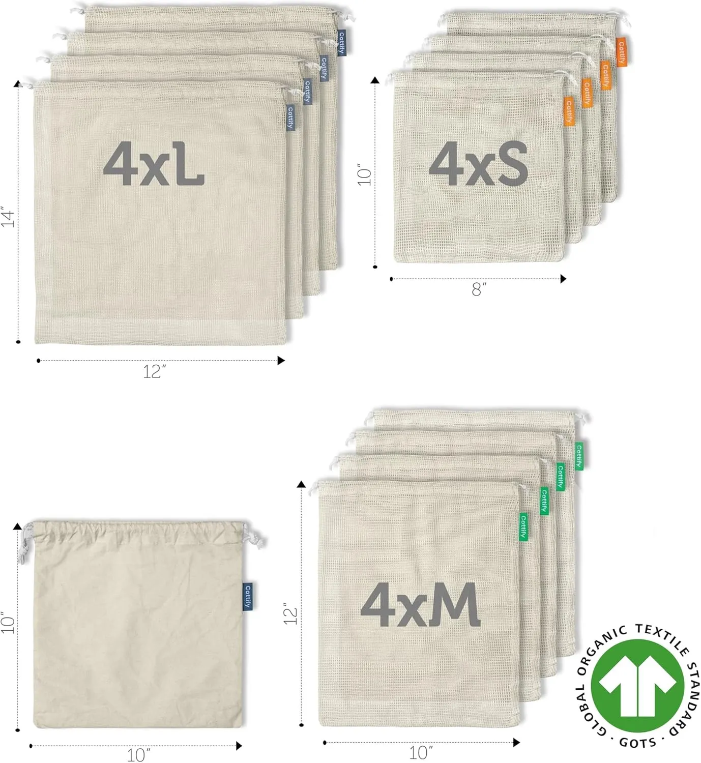 12 1 Reusable Produce Bags Grocery Washable, Organic Cotton Mesh Produce Bags, Double-Stitched & Tare Weigh, Mesh bags for vegetables, Cotton Produce Bags Reusable Washable, Produce bag 4xS, 4xM, 4xL