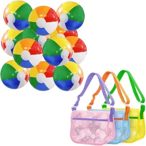 12 Pack 12'' Beach Ball - 3Pcs Seashell Collecting Bags with Adjustable Shoulder Straps, Beach Toy for Kids Summer Water Games
