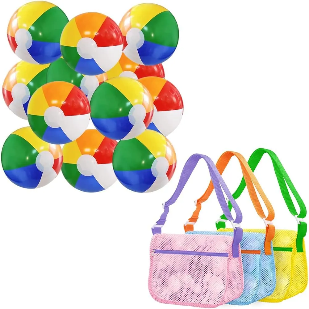 12 Pack 12'' Beach Ball - 3Pcs Seashell Collecting Bags with Adjustable Shoulder Straps, Beach Toy for Kids Summer Water Games