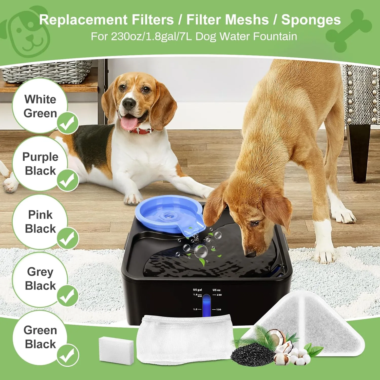 12 Set Replacement Filters for 7L Dog & Cat Water Fountain - 5 Layer Filtration System (12 Filters   12 Mesh Bag   16 Sponge)