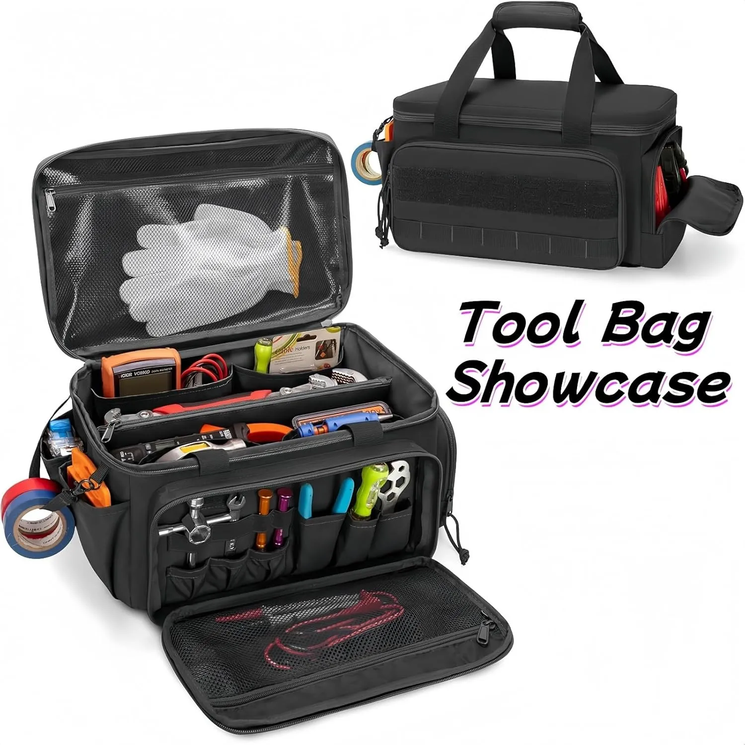 15 Inch Heavy Duty Tool Bag with Adjustable Shoulder Strap and Large Zipper for Repairman, Carpenters, Handyman, Electrician, Carrying Toolbag with Anti-Friction Bottom for Men Mechanic(Black)
