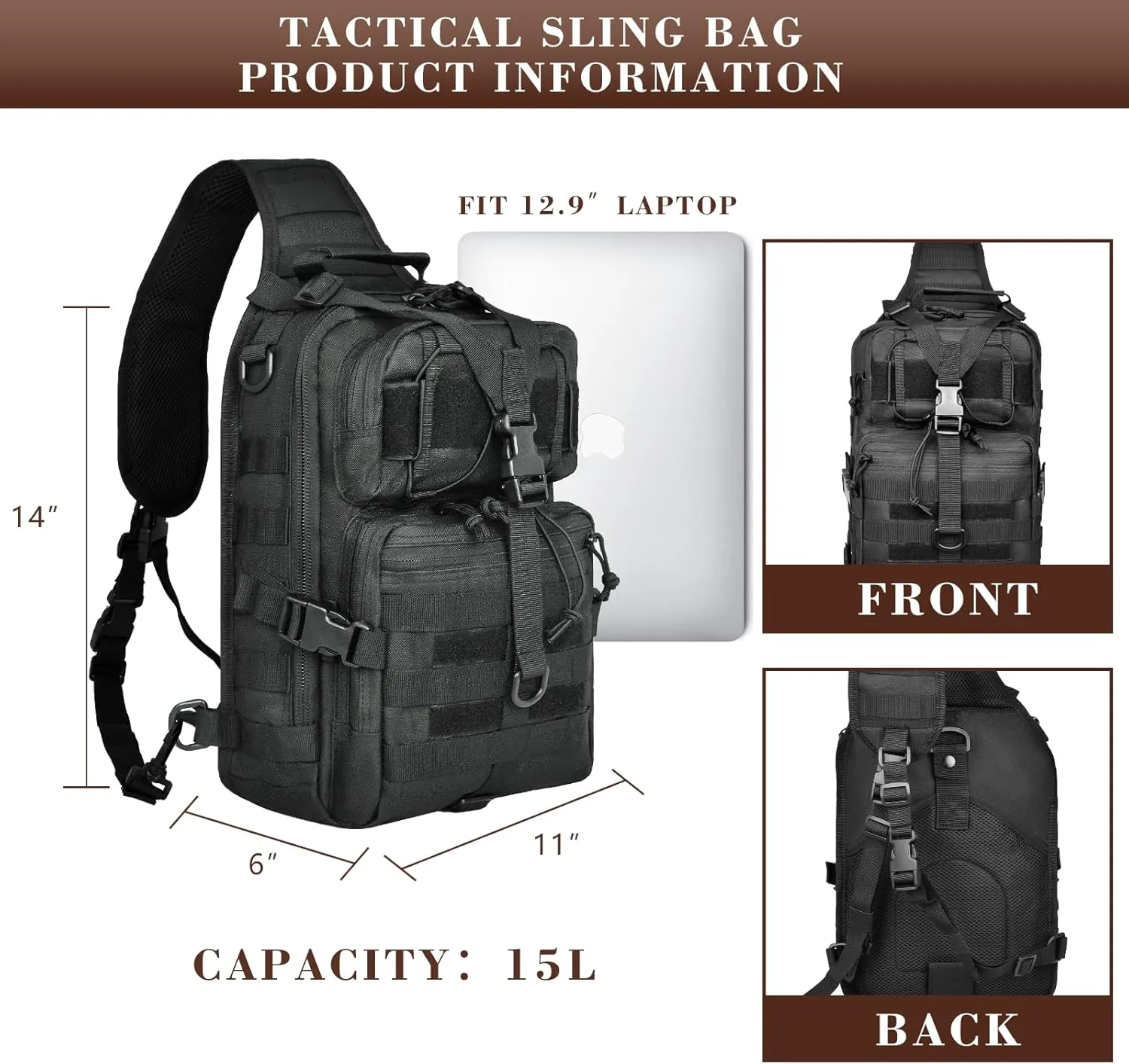 15L Compact Tactical Sling Bag, Military Shoulder Sling Pack for Men's EDC, Molle Assault Range Bag Crossbody Chest Pack for Outdoor Adventures (07-Black)