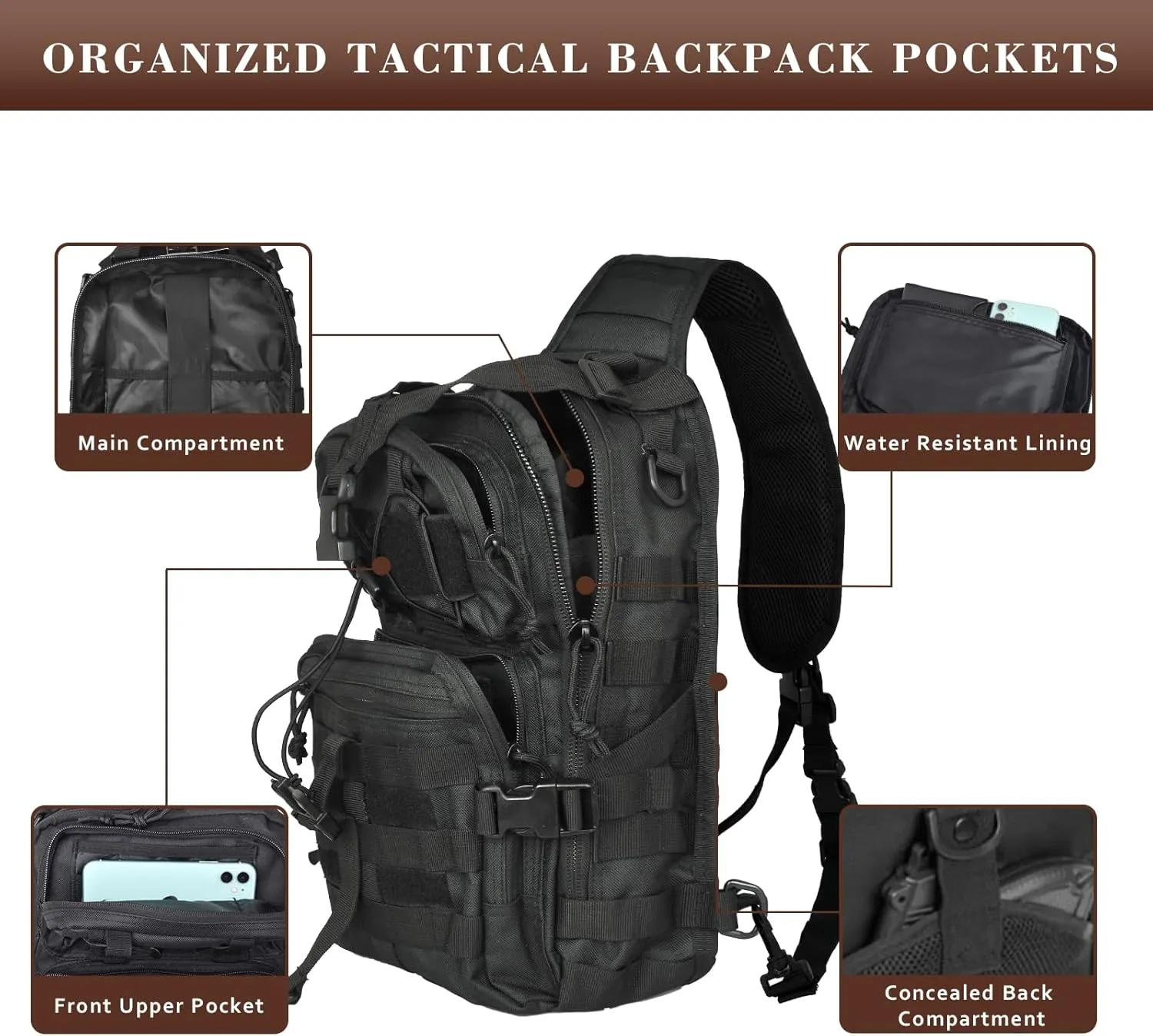 15L Compact Tactical Sling Bag, Military Shoulder Sling Pack for Men's EDC, Molle Assault Range Bag Crossbody Chest Pack for Outdoor Adventures (07-Black)