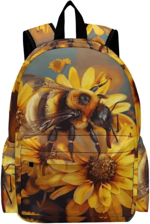 16 Inch Backpack Bee on Yellow Flowers Field Laptop Backpack School Bookbag Shoulder Bag Casual Daypack