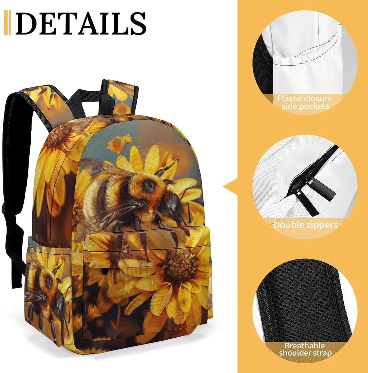 16 Inch Backpack Bee on Yellow Flowers Field Laptop Backpack School Bookbag Shoulder Bag Casual Daypack