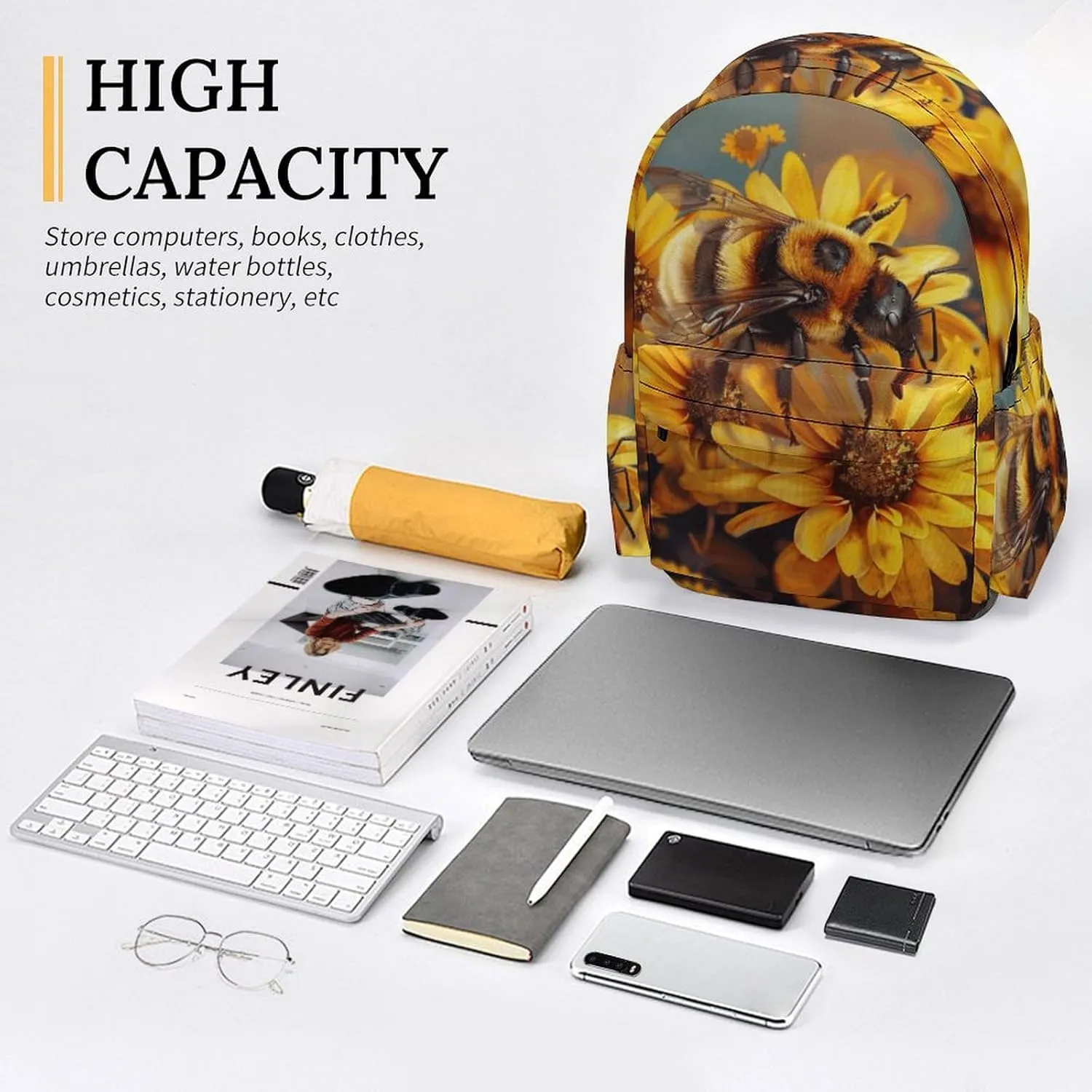 16 Inch Backpack Bee on Yellow Flowers Field Laptop Backpack School Bookbag Shoulder Bag Casual Daypack
