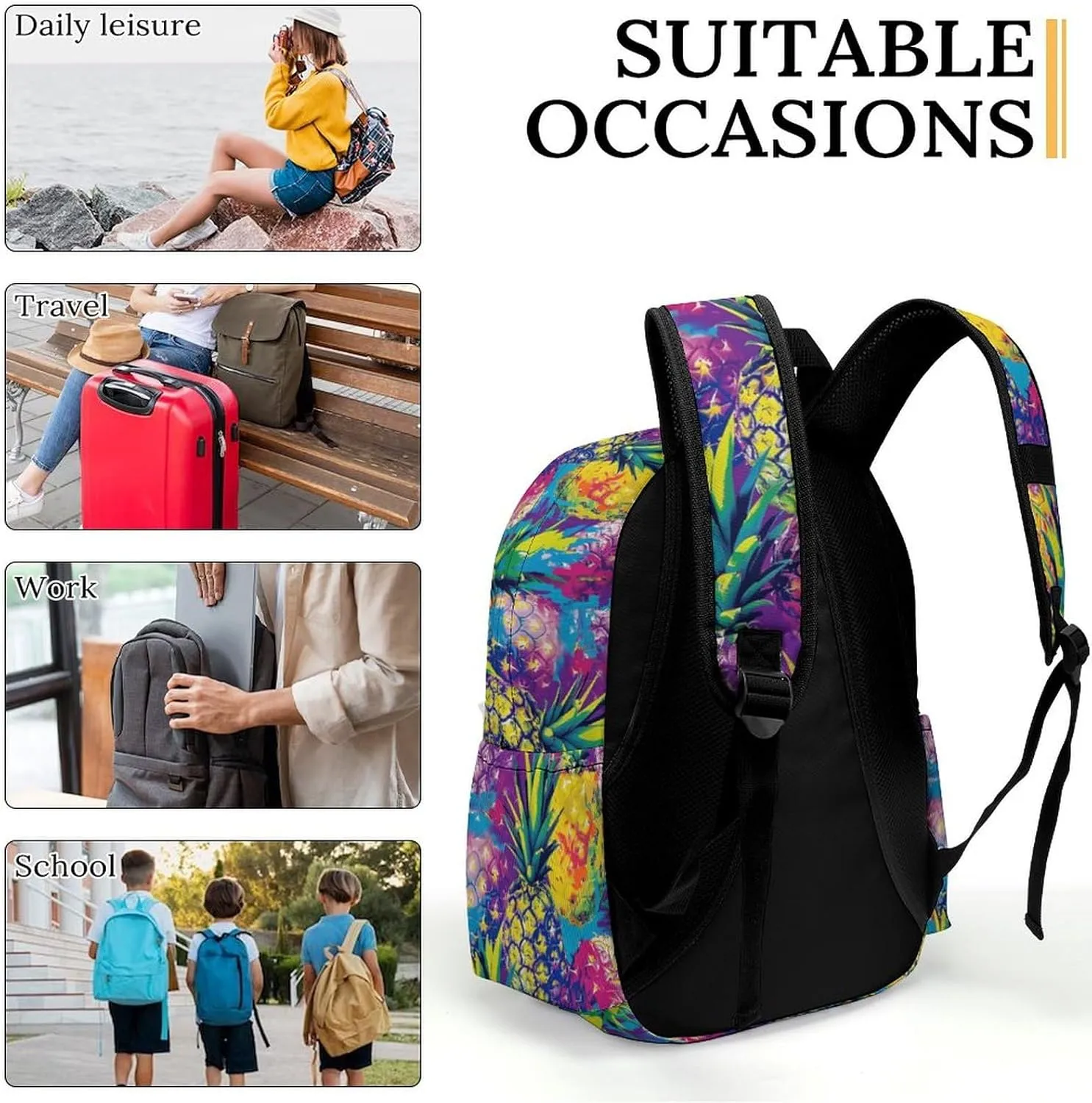 16 Inch Backpack Bright Colorful Pineapple Laptop Backpack School Bookbag Shoulder Bag Casual Daypack