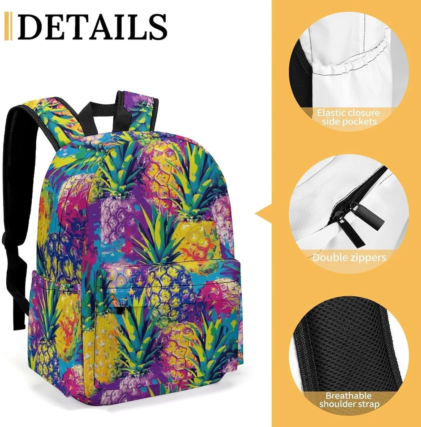 16 Inch Backpack Bright Colorful Pineapple Laptop Backpack School Bookbag Shoulder Bag Casual Daypack