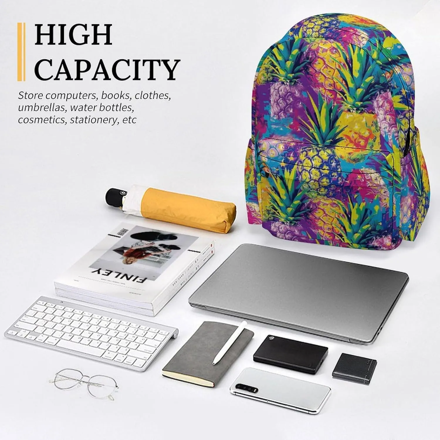 16 Inch Backpack Bright Colorful Pineapple Laptop Backpack School Bookbag Shoulder Bag Casual Daypack