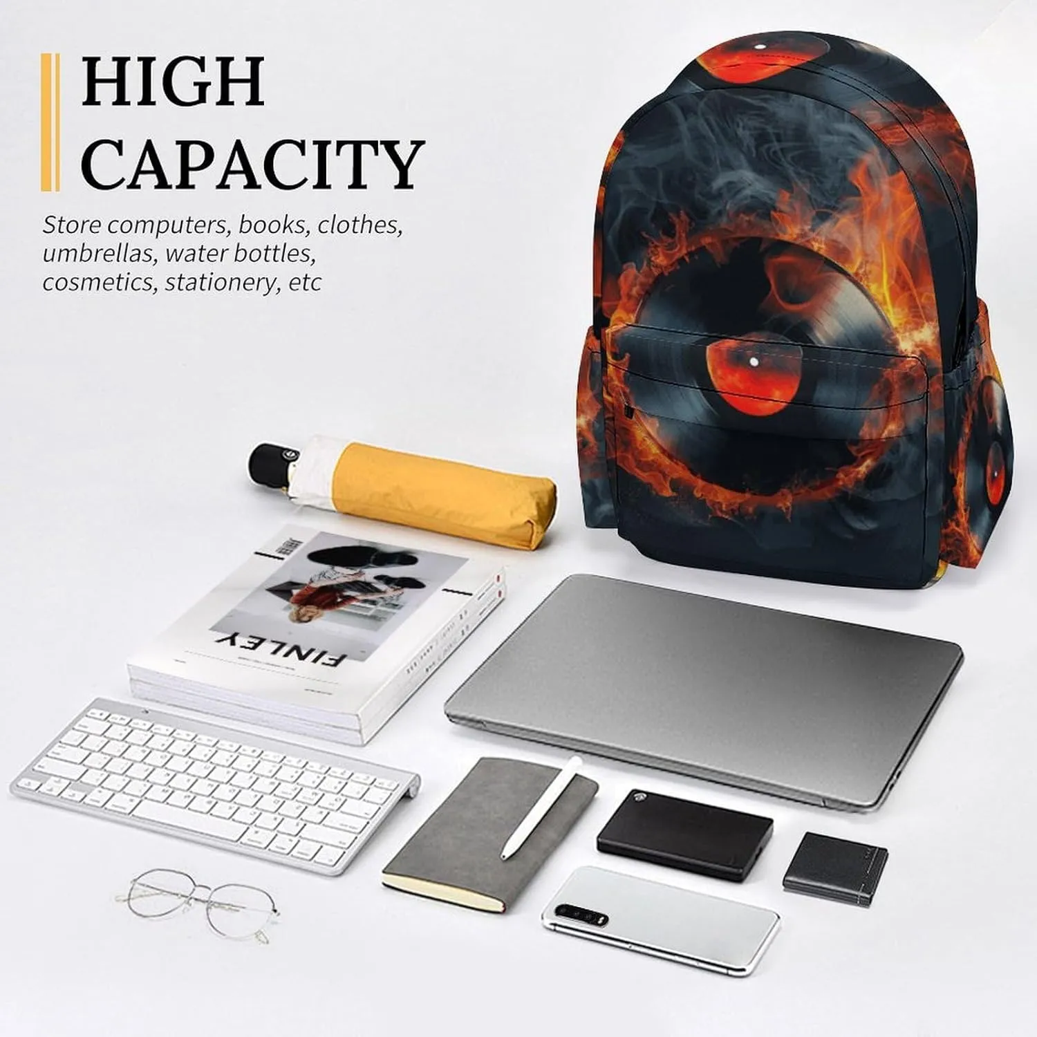 16 Inch Backpack Fire Record Music Laptop Backpack School Bookbag Shoulder Bag Casual Daypack