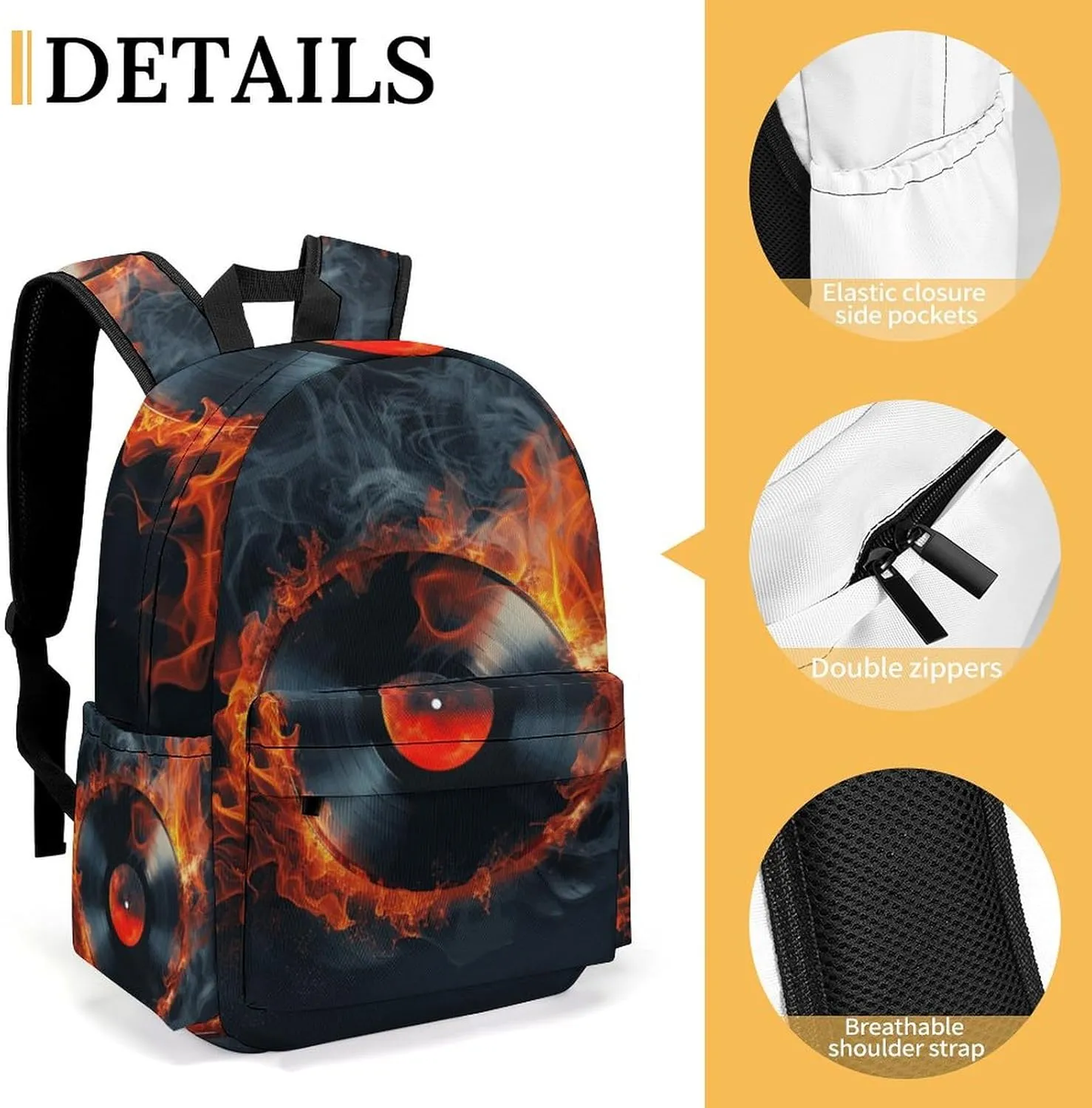 16 Inch Backpack Fire Record Music Laptop Backpack School Bookbag Shoulder Bag Casual Daypack