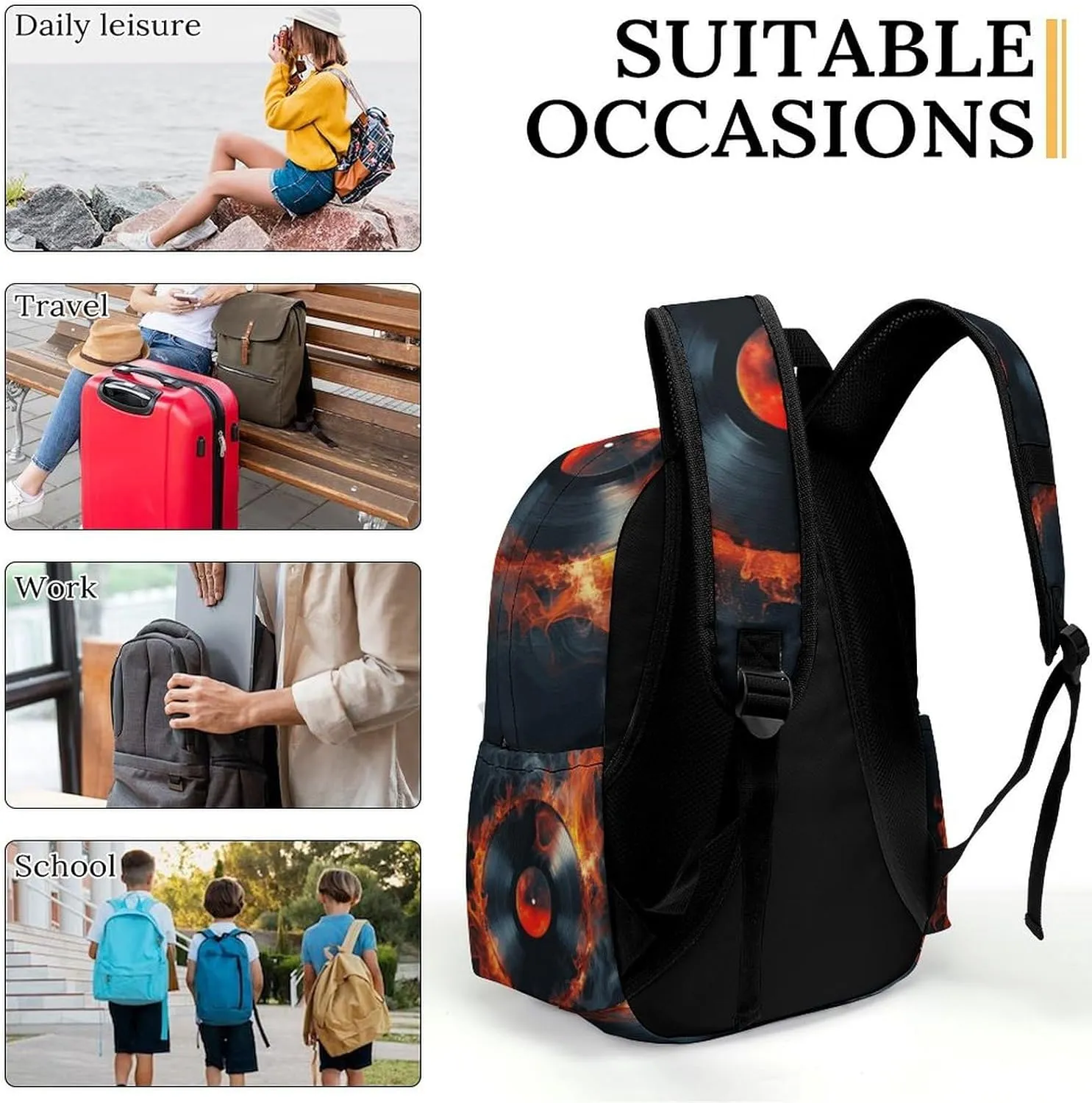 16 Inch Backpack Fire Record Music Laptop Backpack School Bookbag Shoulder Bag Casual Daypack