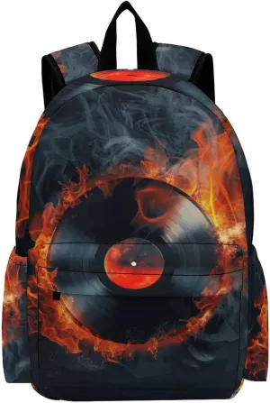 16 Inch Backpack Fire Record Music Laptop Backpack School Bookbag Shoulder Bag Casual Daypack