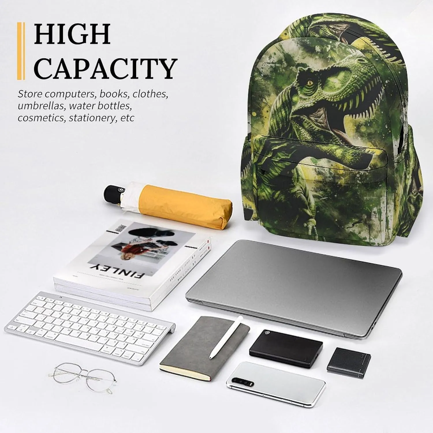 16 Inch Backpack Green T-Rex Dinosaur Laptop Backpack School Bookbag Shoulder Bag Casual Daypack