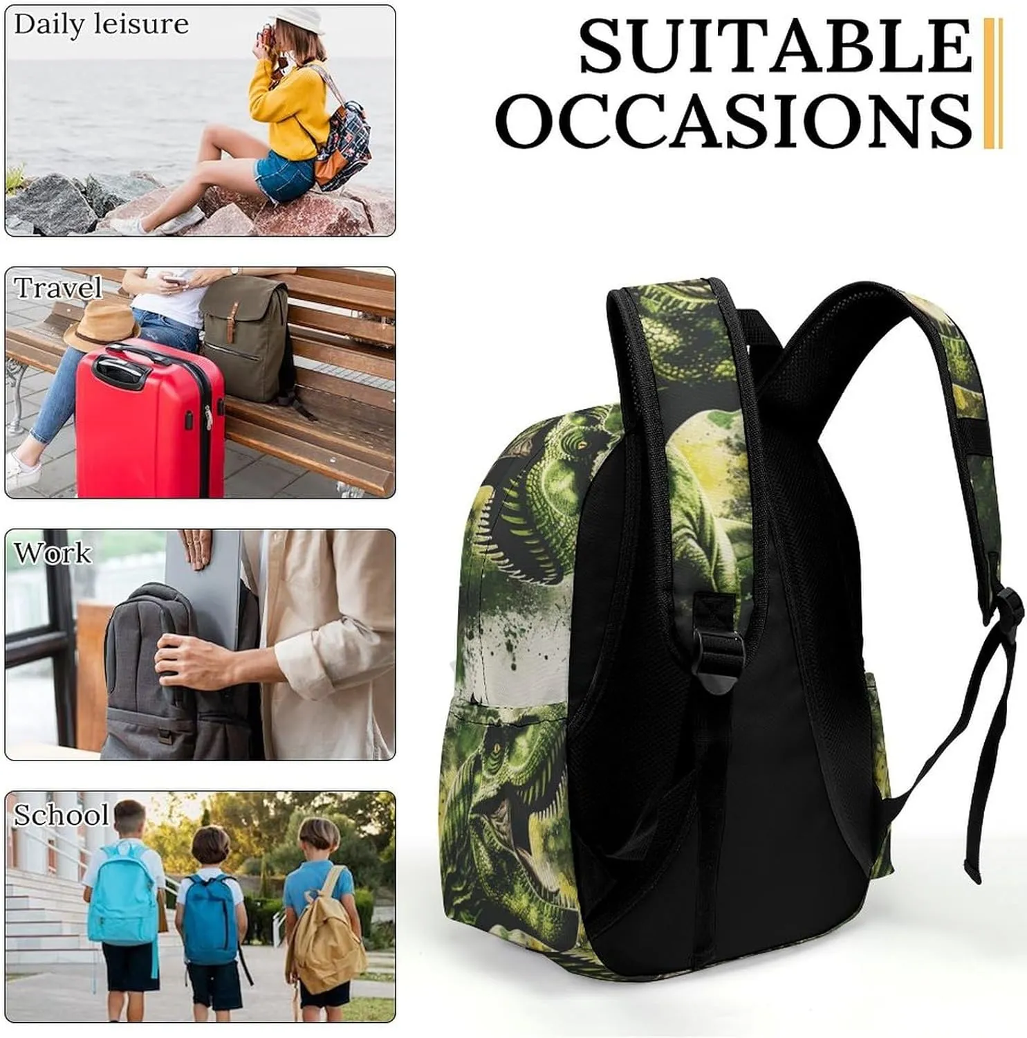 16 Inch Backpack Green T-Rex Dinosaur Laptop Backpack School Bookbag Shoulder Bag Casual Daypack