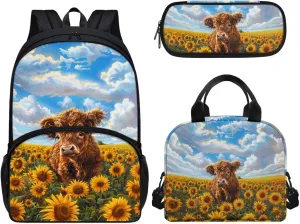 17-inch School Backpack for Child, Blue Sky & Cow Schoolbag for Child with Lunch Bag Pen Box Notebag for Travel Set of 3 School Supplies