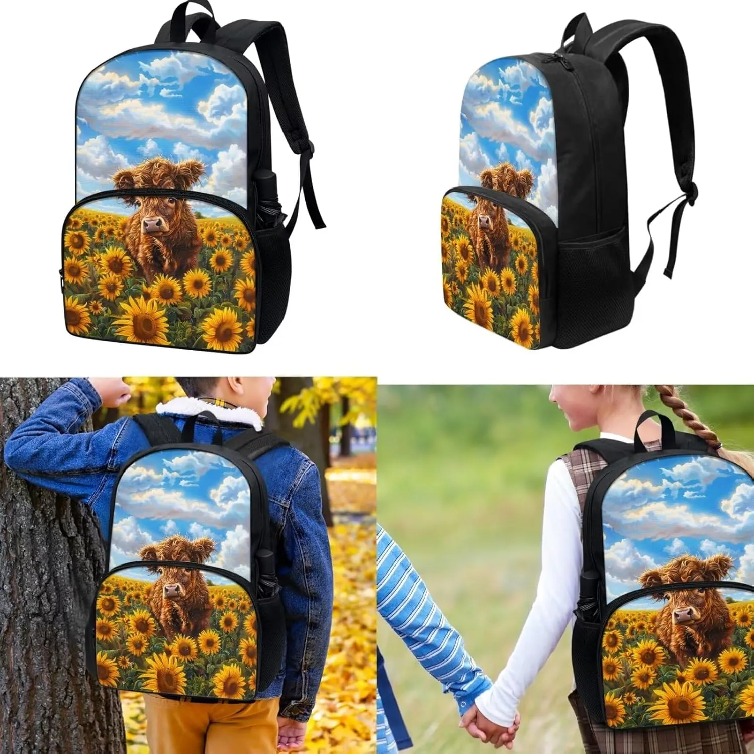 17-inch School Backpack for Child, Blue Sky & Cow Schoolbag for Child with Lunch Bag Pen Box Notebag for Travel Set of 3 School Supplies