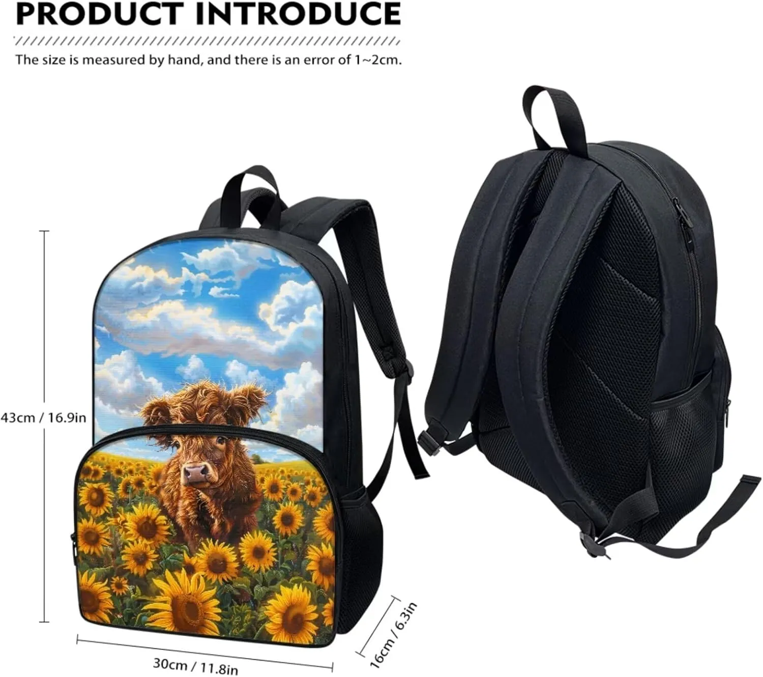 17-inch School Backpack for Child, Blue Sky & Cow Schoolbag for Child with Lunch Bag Pen Box Notebag for Travel Set of 3 School Supplies
