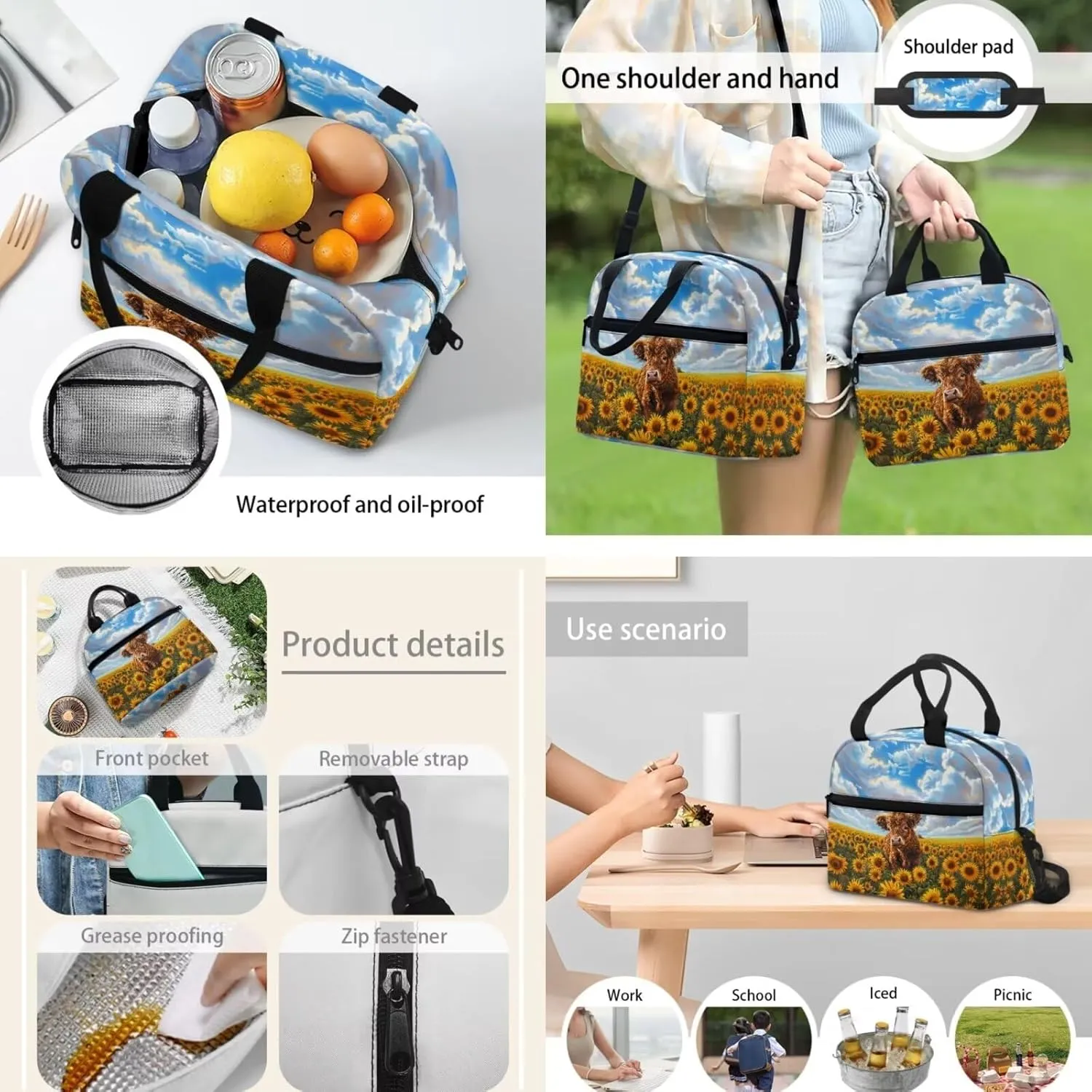 17-inch School Backpack for Child, Blue Sky & Cow Schoolbag for Child with Lunch Bag Pen Box Notebag for Travel Set of 3 School Supplies