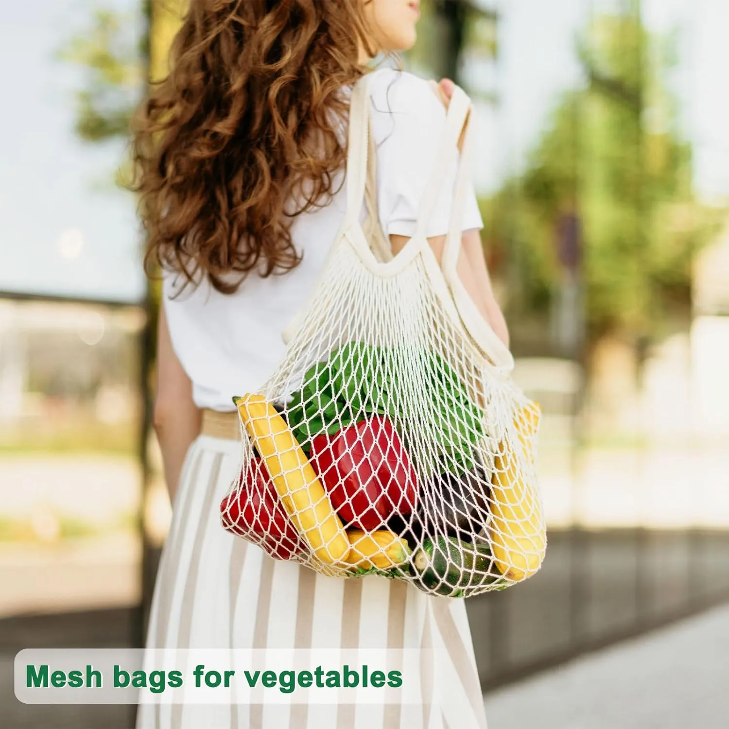 2-Pack Cotton Mesh Bag, Reusable Washable Mesh Net String Grocery Bags, Reusable Produce Bags with Handle, Net Tote Bag for Fruits/Vegetables Shopping [Blue, Orange, Long Handle]