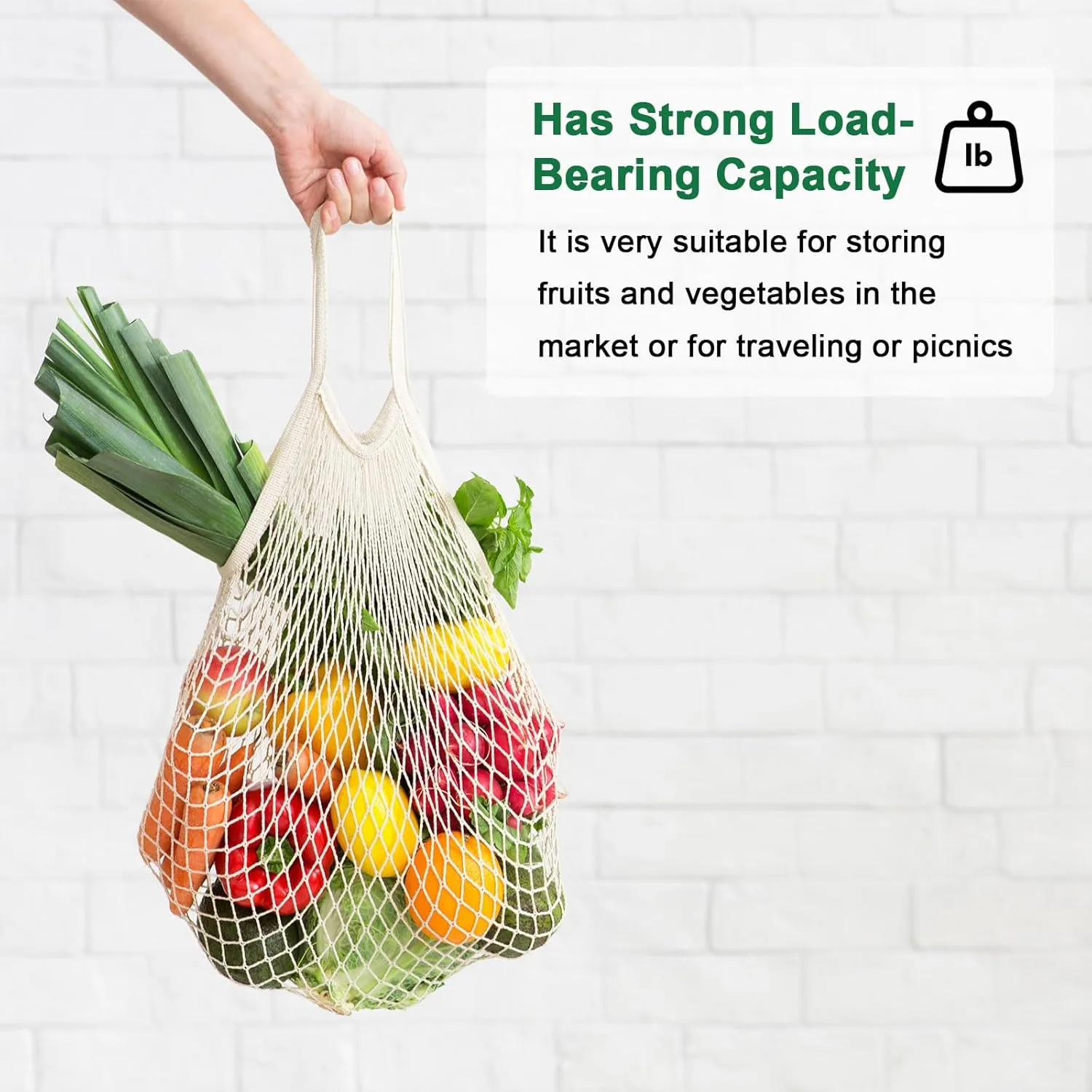 2-Pack Cotton Mesh Bag, Reusable Washable Mesh Net String Grocery Bags, Reusable Produce Bags with Handle, Net Tote Bag for Fruits/Vegetables Shopping [Blue, Orange, Long Handle]