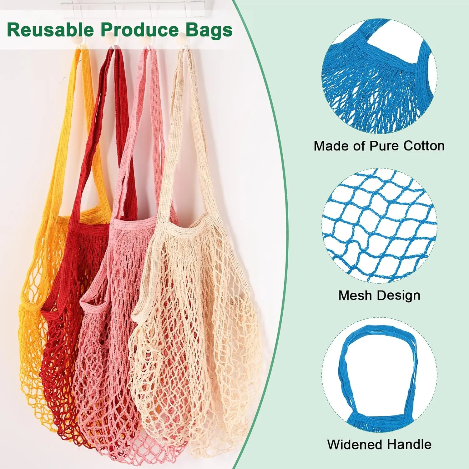 2-Pack Cotton Mesh Bag, Reusable Washable Mesh Net String Grocery Bags, Reusable Produce Bags with Handle, Net Tote Bag for Fruits/Vegetables Shopping [Blue, Orange, Long Handle]
