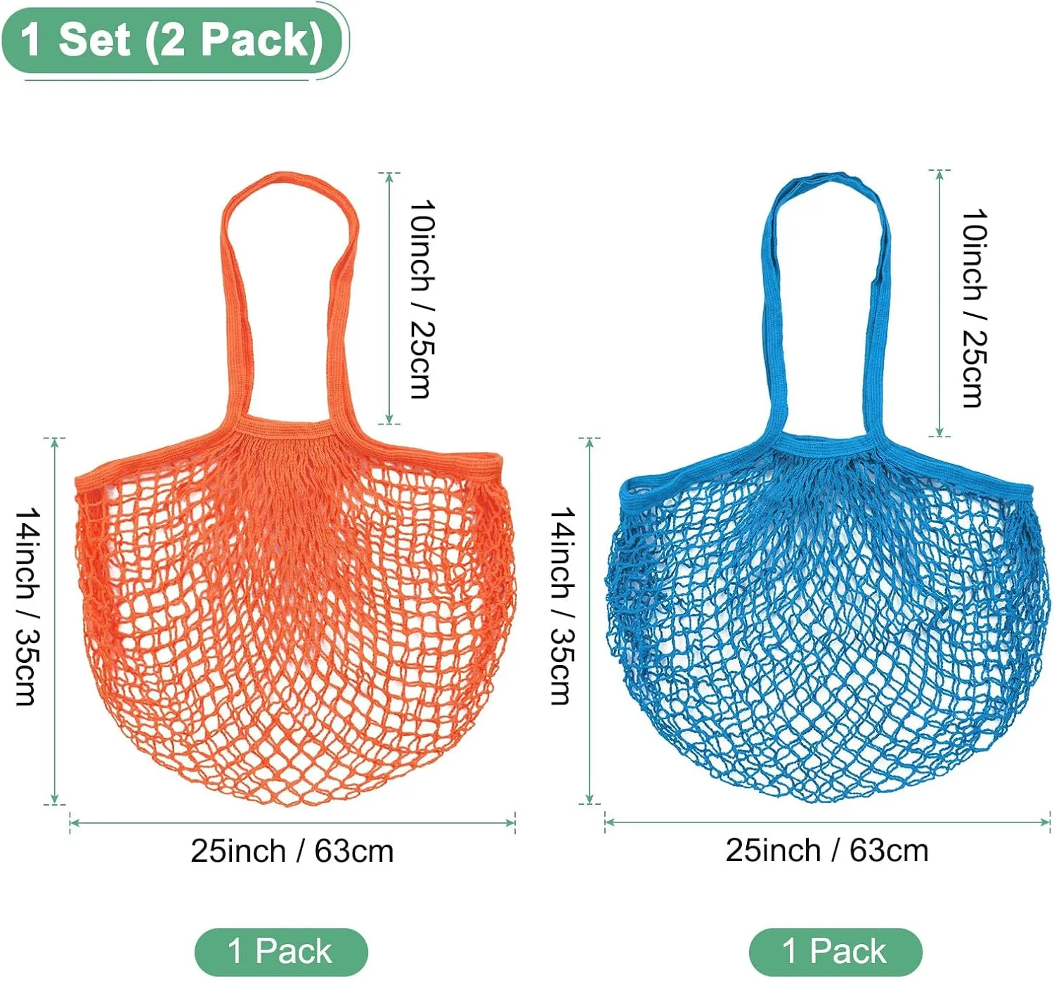 2-Pack Cotton Mesh Bag, Reusable Washable Mesh Net String Grocery Bags, Reusable Produce Bags with Handle, Net Tote Bag for Fruits/Vegetables Shopping [Blue, Orange, Long Handle]