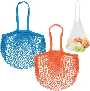 2-Pack Cotton Mesh Bag, Reusable Washable Mesh Net String Grocery Bags, Reusable Produce Bags with Handle, Net Tote Bag for Fruits/Vegetables Shopping [Blue, Orange, Long Handle]