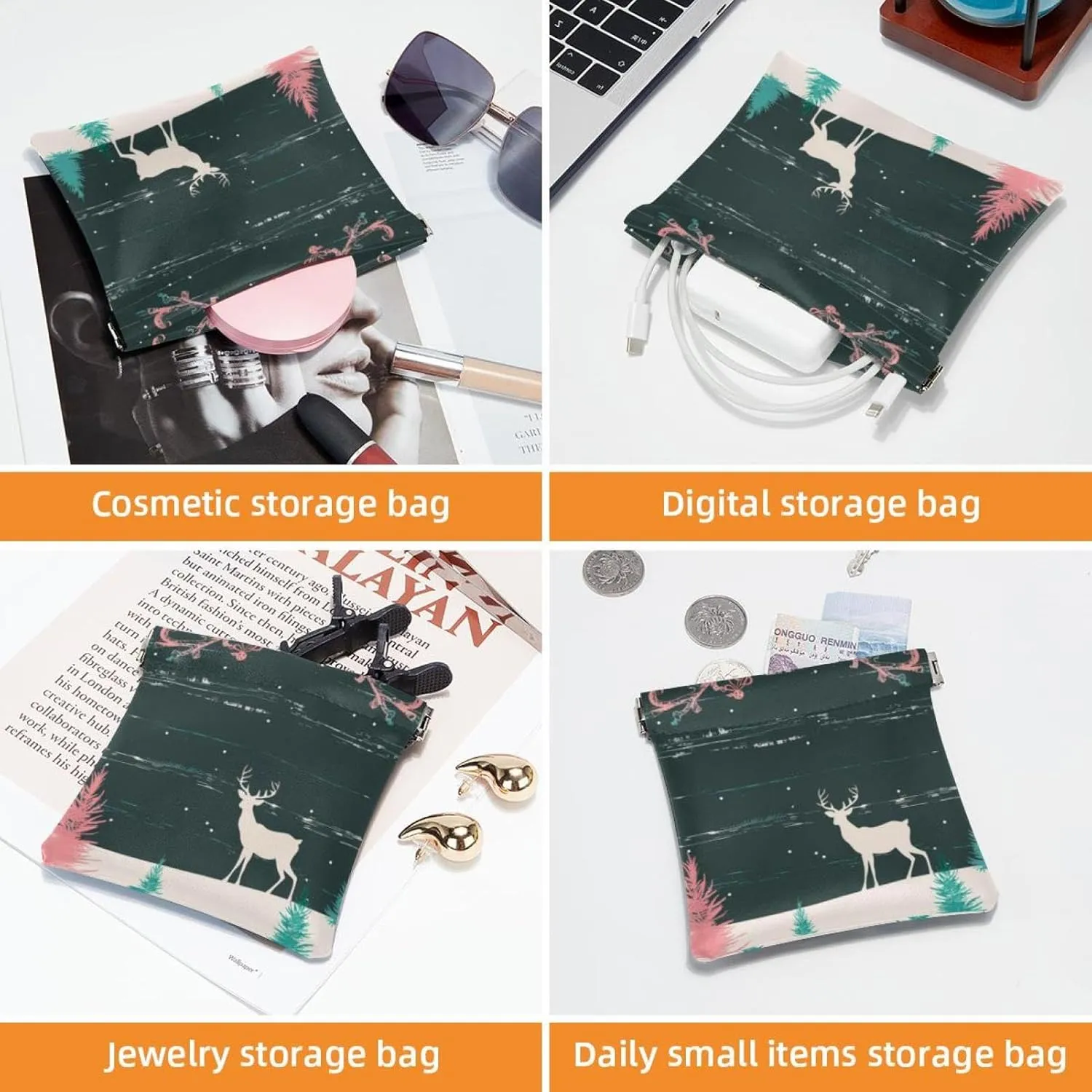 2 Pack Faux Leather Pocket Box, Small Pouches for Purse, Self-Closing Makeup Pouch for Women, Mini Pocket Makeup Bag for Lipstick, Christmas Elk