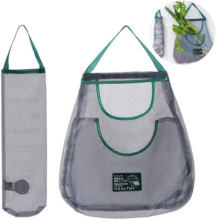 2 Pack Reusable Produce Bags (Long   Dual Pocket) Sturdy & Strong Hanging Mesh Storage Bags for Kitchen Storage Fruits, Onion, Garlic & Vegetables, Breathable Shopping Handbag Storage Grocery Bags