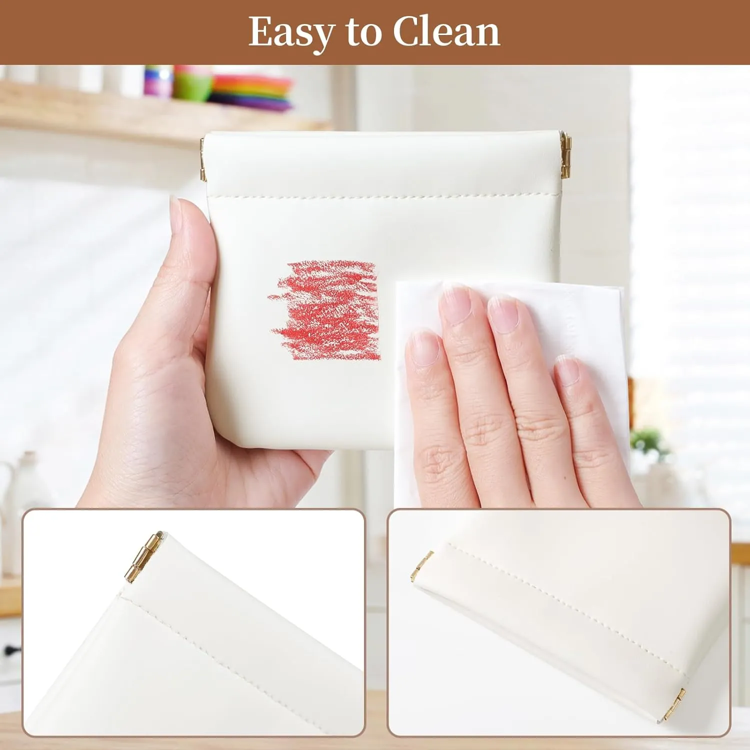 2 Pack Small Makeup Bag for Women, New Organosilicon Super Fiber Leather Mini Cosmetic Bag for Travel, Coin Purse Organizer Storage Pouch (Cream-white)