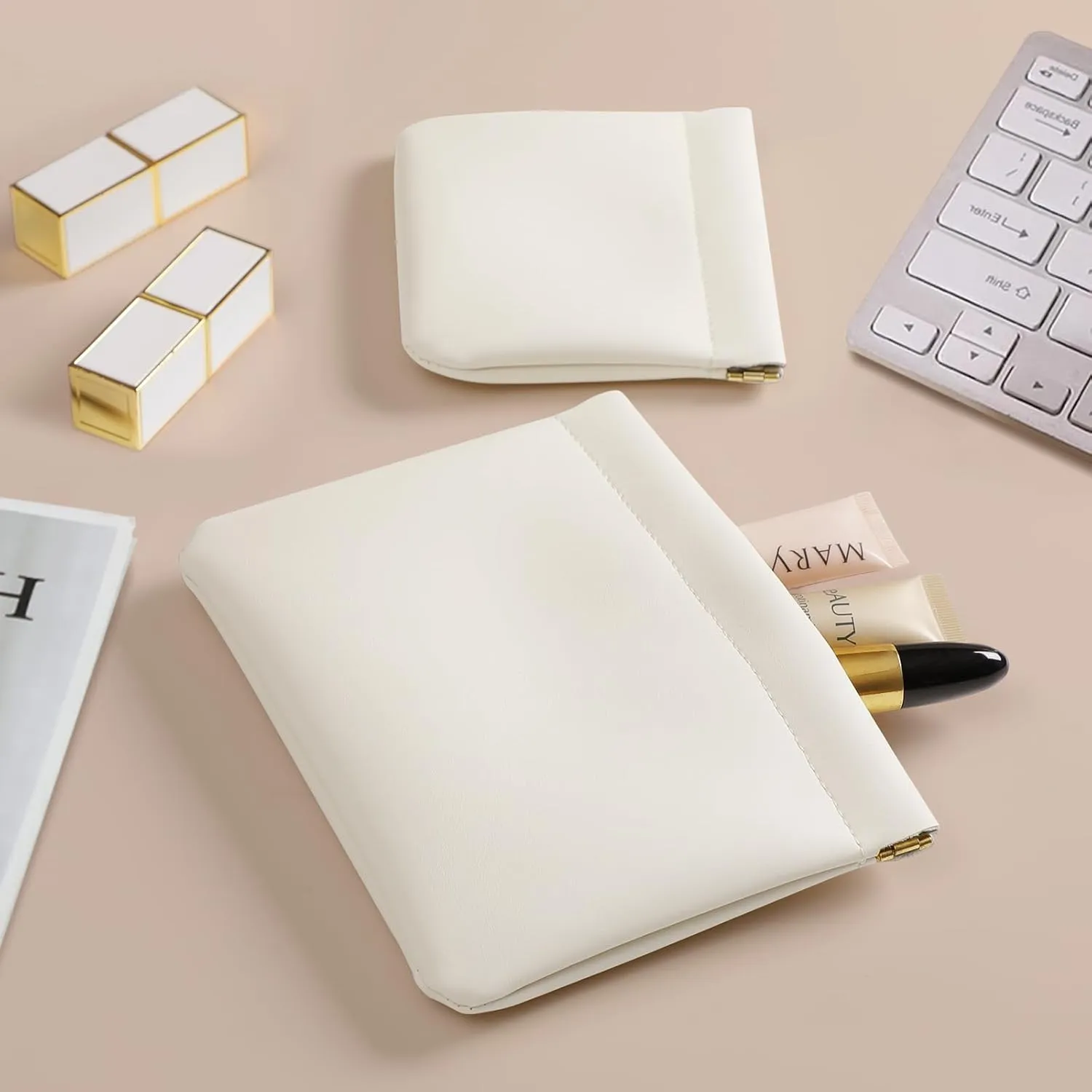 2 Pack Small Makeup Bag for Women, New Organosilicon Super Fiber Leather Mini Cosmetic Bag for Travel, Coin Purse Organizer Storage Pouch (Cream-white)