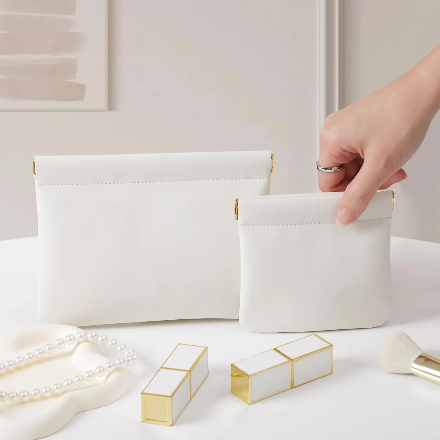 2 Pack Small Makeup Bag for Women, New Organosilicon Super Fiber Leather Mini Cosmetic Bag for Travel, Coin Purse Organizer Storage Pouch (Cream-white)