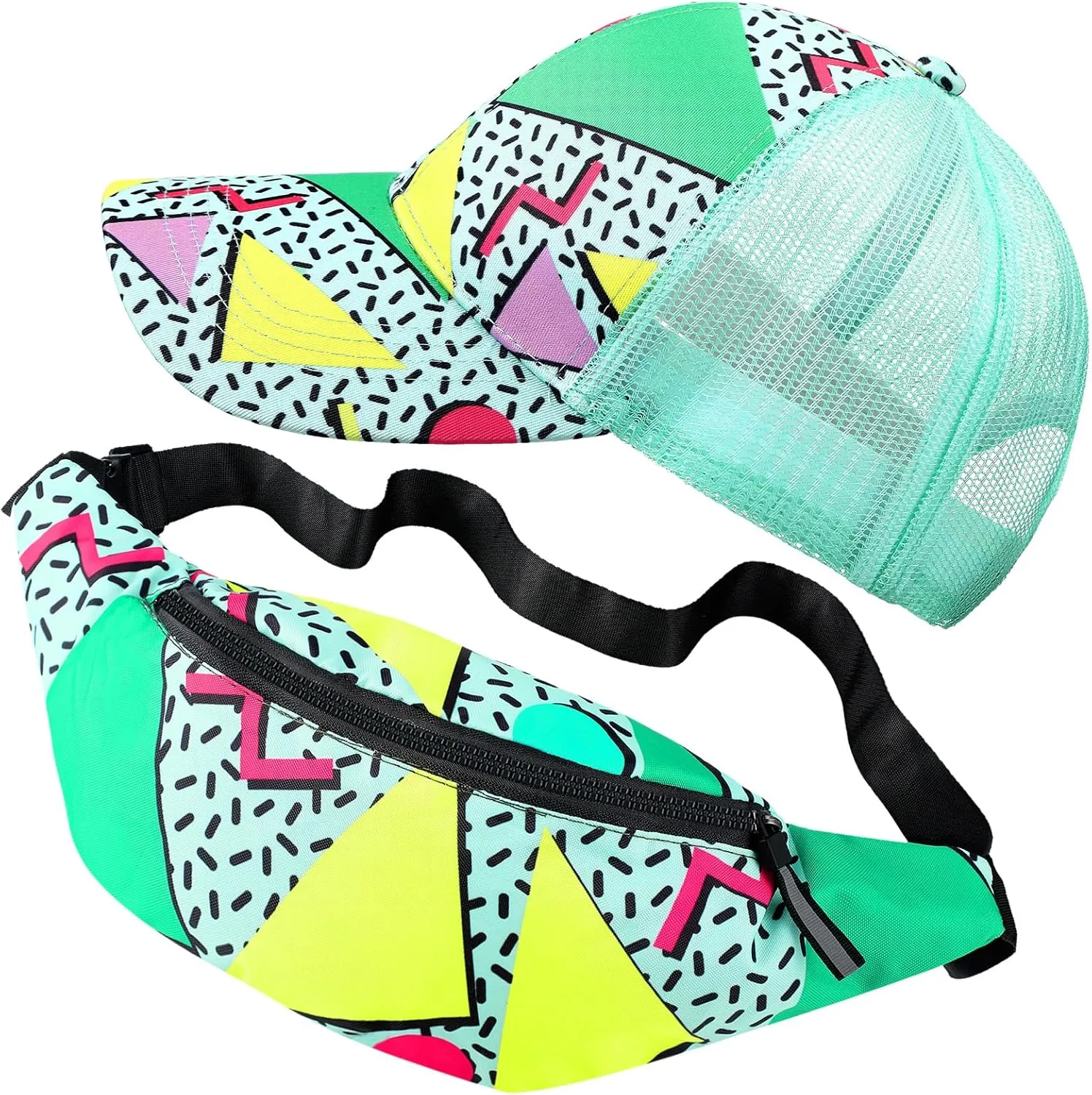 2 Pcs 80s 90s Fanny Pack for Women Men Halloween Outfit Hip Hop Neon Mesh Hat Adjustable Waist Bag for Christmas Party