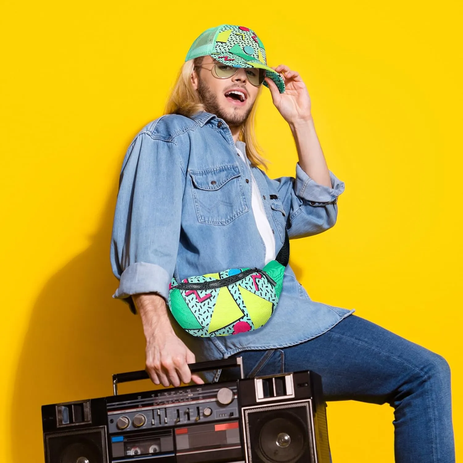 2 Pcs 80s 90s Fanny Pack for Women Men Halloween Outfit Hip Hop Neon Mesh Hat Adjustable Waist Bag for Christmas Party
