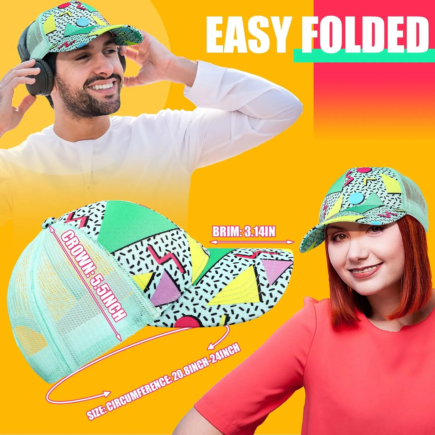 2 Pcs 80s 90s Fanny Pack for Women Men Halloween Outfit Hip Hop Neon Mesh Hat Adjustable Waist Bag for Christmas Party