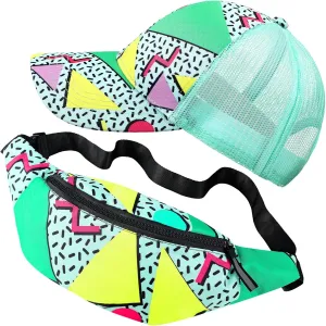 2 Pcs 80s 90s Fanny Pack for Women Men Halloween Outfit Hip Hop Neon Mesh Hat Adjustable Waist Bag for Christmas Party