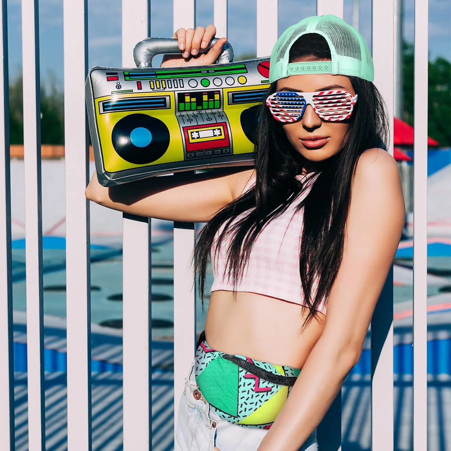 2 Pcs 80s 90s Fanny Pack for Women Men Halloween Outfit Hip Hop Neon Mesh Hat Adjustable Waist Bag for Christmas Party