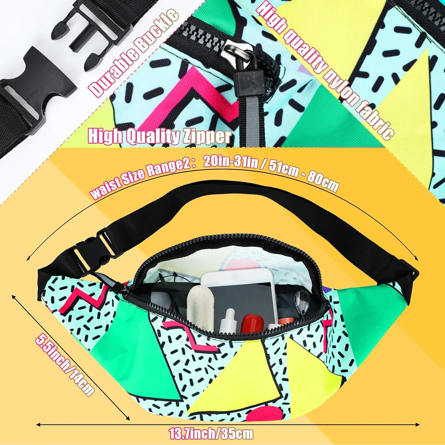 2 Pcs 80s 90s Fanny Pack for Women Men Halloween Outfit Hip Hop Neon Mesh Hat Adjustable Waist Bag for Christmas Party