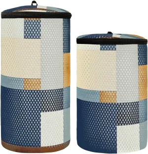 2 Pcs(S   M Size) Mesh Cylinder Laundry Bags Abstract Blue Square Polyester Reusable Machine Washable Mesh Bags, Dirty Bag for Home Travel