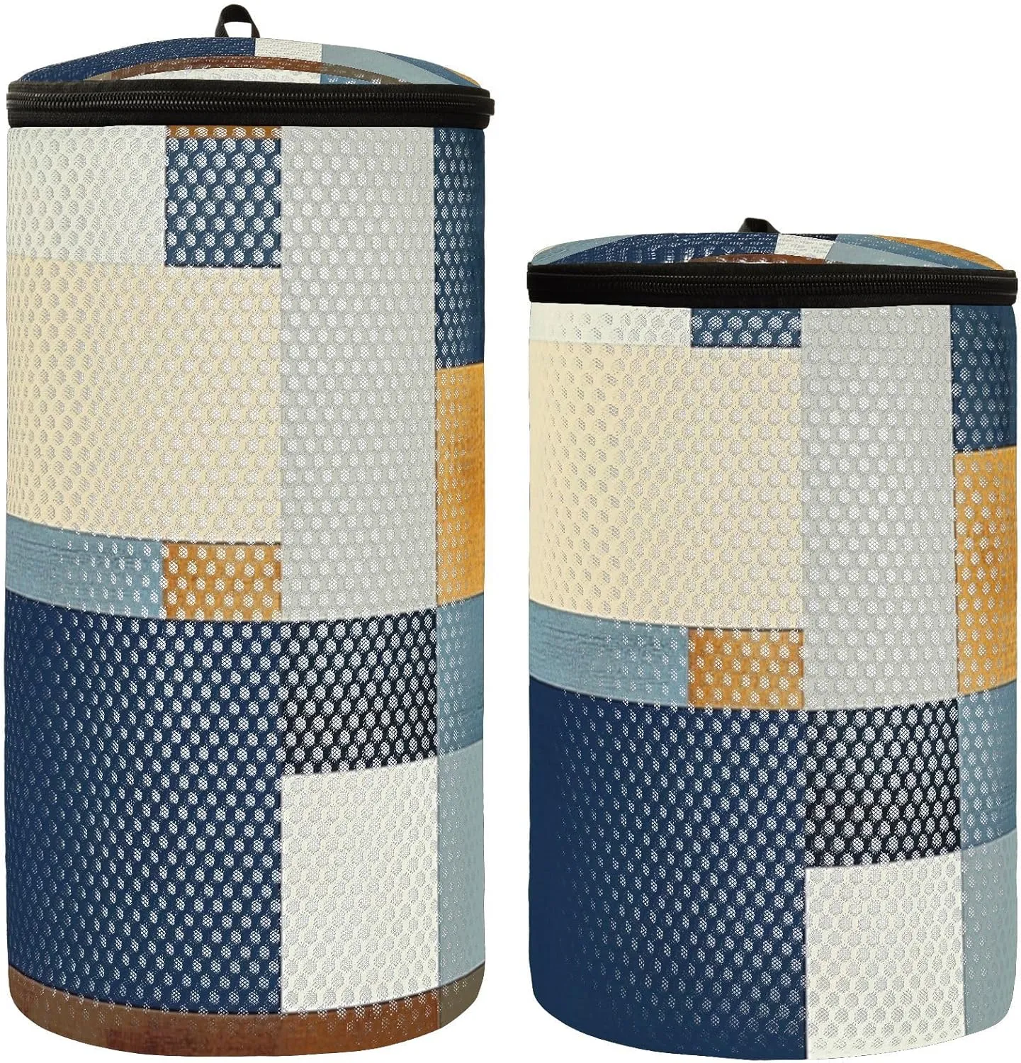 2 Pcs(S   M Size) Mesh Cylinder Laundry Bags Abstract Blue Square Polyester Reusable Machine Washable Mesh Bags, Dirty Bag for Home Travel